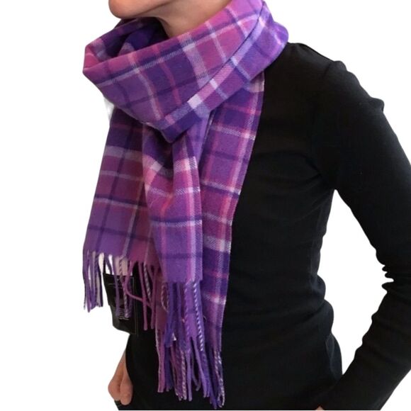 James Pringle Weavers Purple Pink Plaid 100% Wool Winter Scarf - Picture 1 of 8
